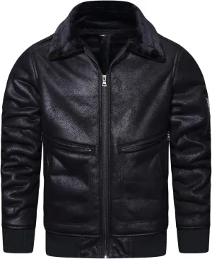 HOOD CREW Men’s Faux Fur Leather Jacket Autumn Winter Fleece Lined Coat Vintage Bomber Jacket