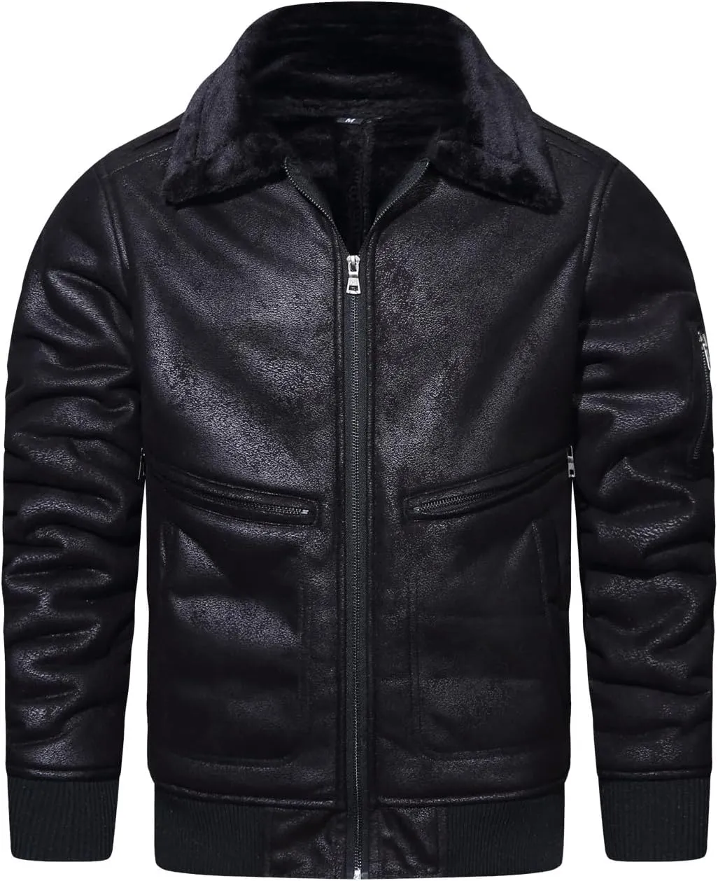 HOOD CREW Men’s Faux Fur Leather Jacket Autumn Winter Fleece Lined Coat Vintage Bomber Jacket