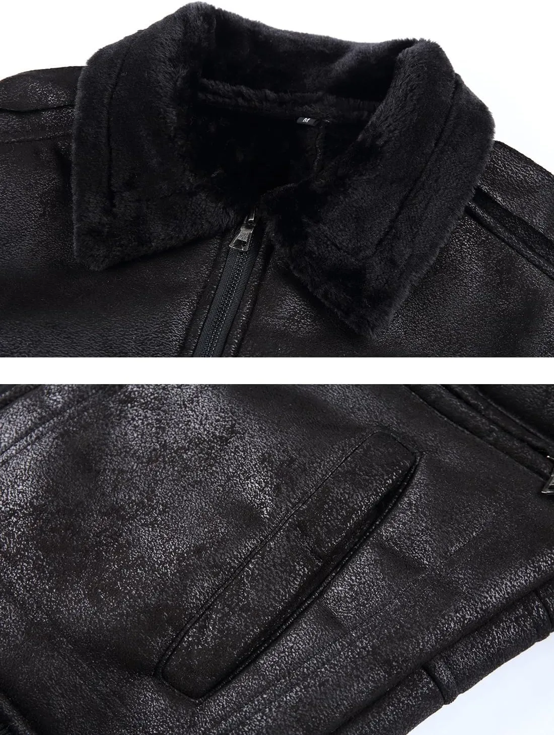 HOOD CREW Men’s Faux Fur Leather Jacket Autumn Winter Fleece Lined Coat Vintage Bomber Jacket