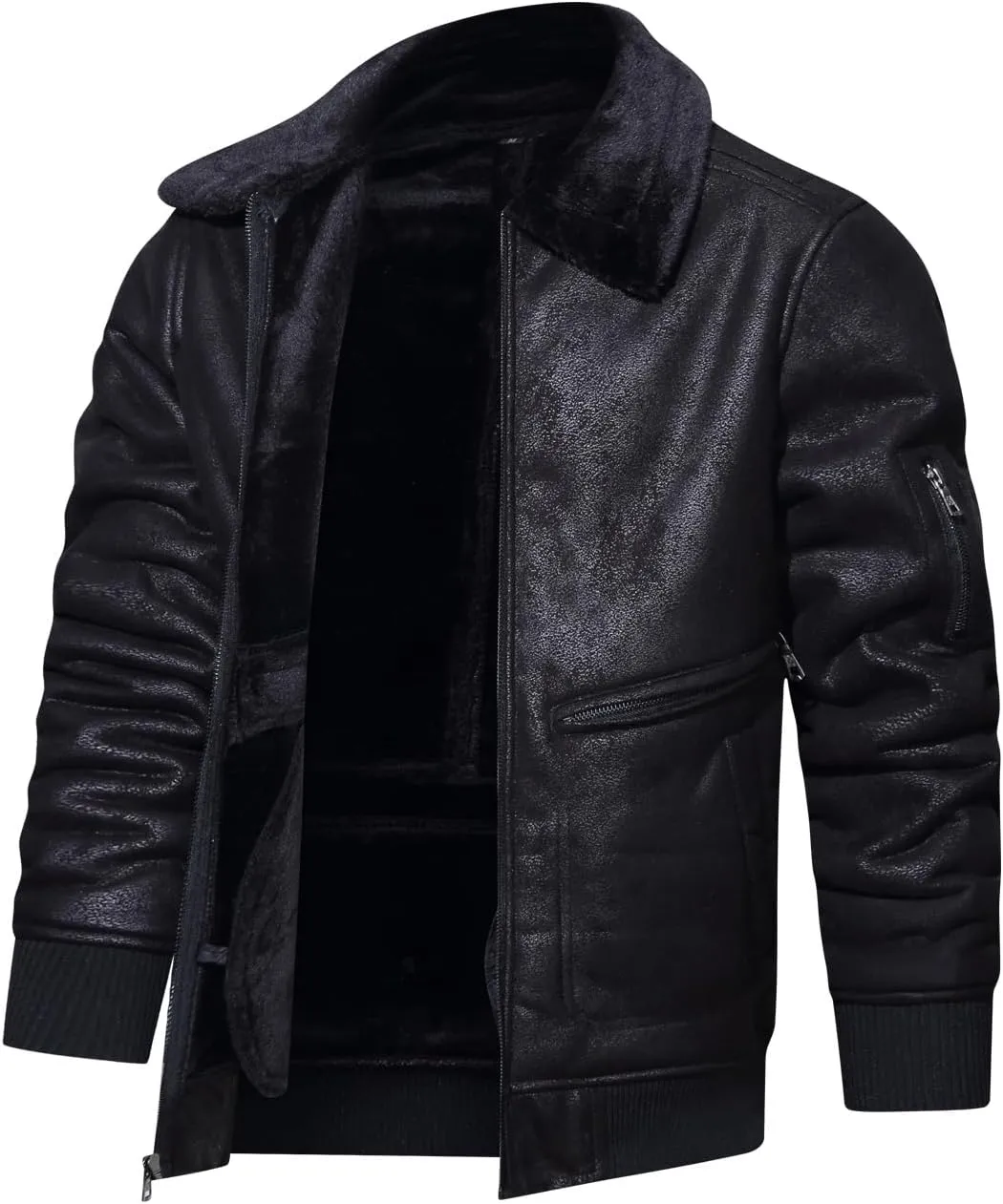 HOOD CREW Men’s Faux Fur Leather Jacket Autumn Winter Fleece Lined Coat Vintage Bomber Jacket