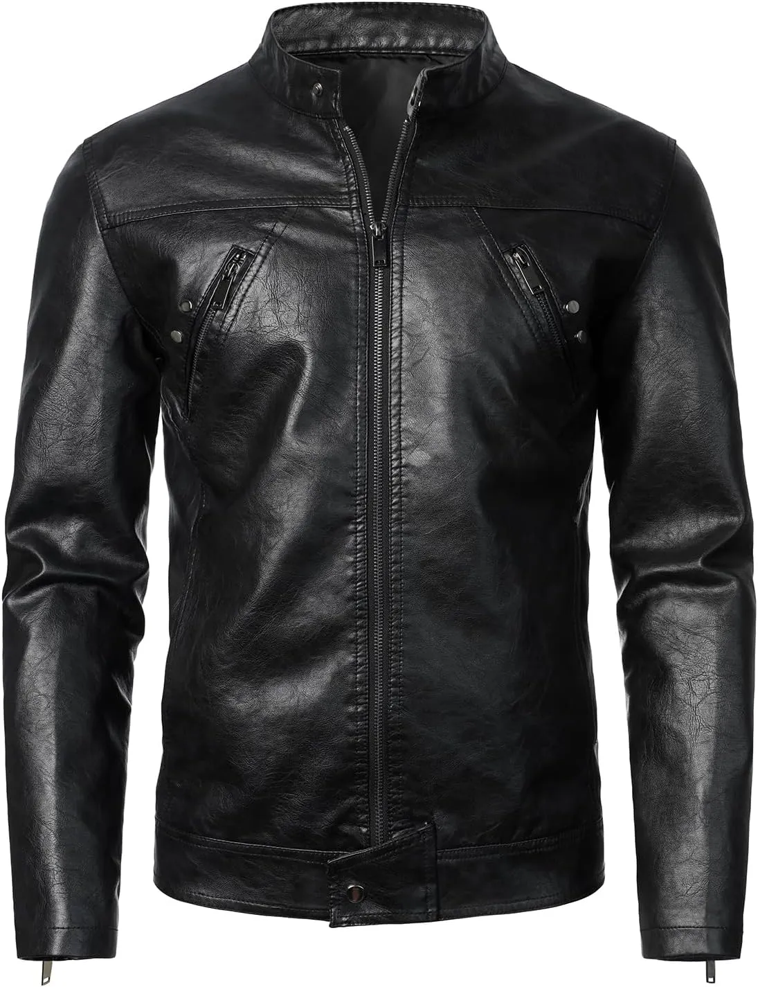 HOOD CREW Men’s Faux Leather Jacket Cool Biker Jackets Vintage Stand Collar Lightweight Leather Outwear Coat