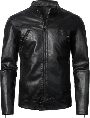 HOOD CREW Men’s Faux Leather Jacket Cool Biker Jackets Vintage Stand Collar Lightweight Leather Outwear Coat