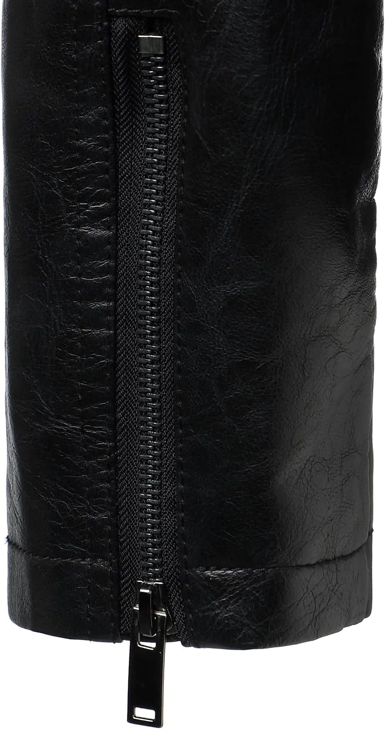 HOOD CREW Men’s Faux Leather Jacket Cool Biker Jackets Vintage Stand Collar Lightweight Leather Outwear Coat