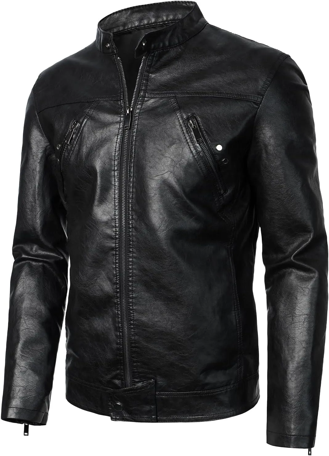 HOOD CREW Men’s Faux Leather Jacket Cool Biker Jackets Vintage Stand Collar Lightweight Leather Outwear Coat