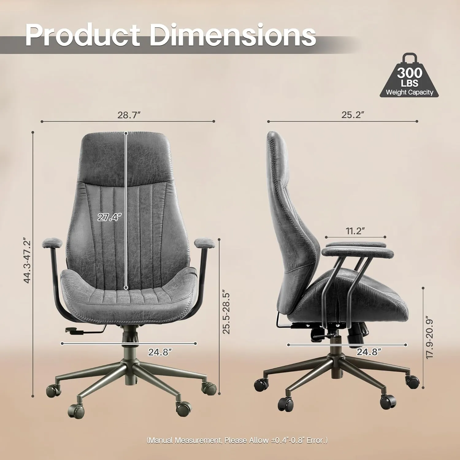 HOOOWOOO Faux Suede Leather Home Office Desk Chair,MCM Modern Ergonomic Task Work Chair,Computer Gaming Chair with Cushion Seat Lumbar Support Reclining High Back for Long Hours(Charcoal Grey)