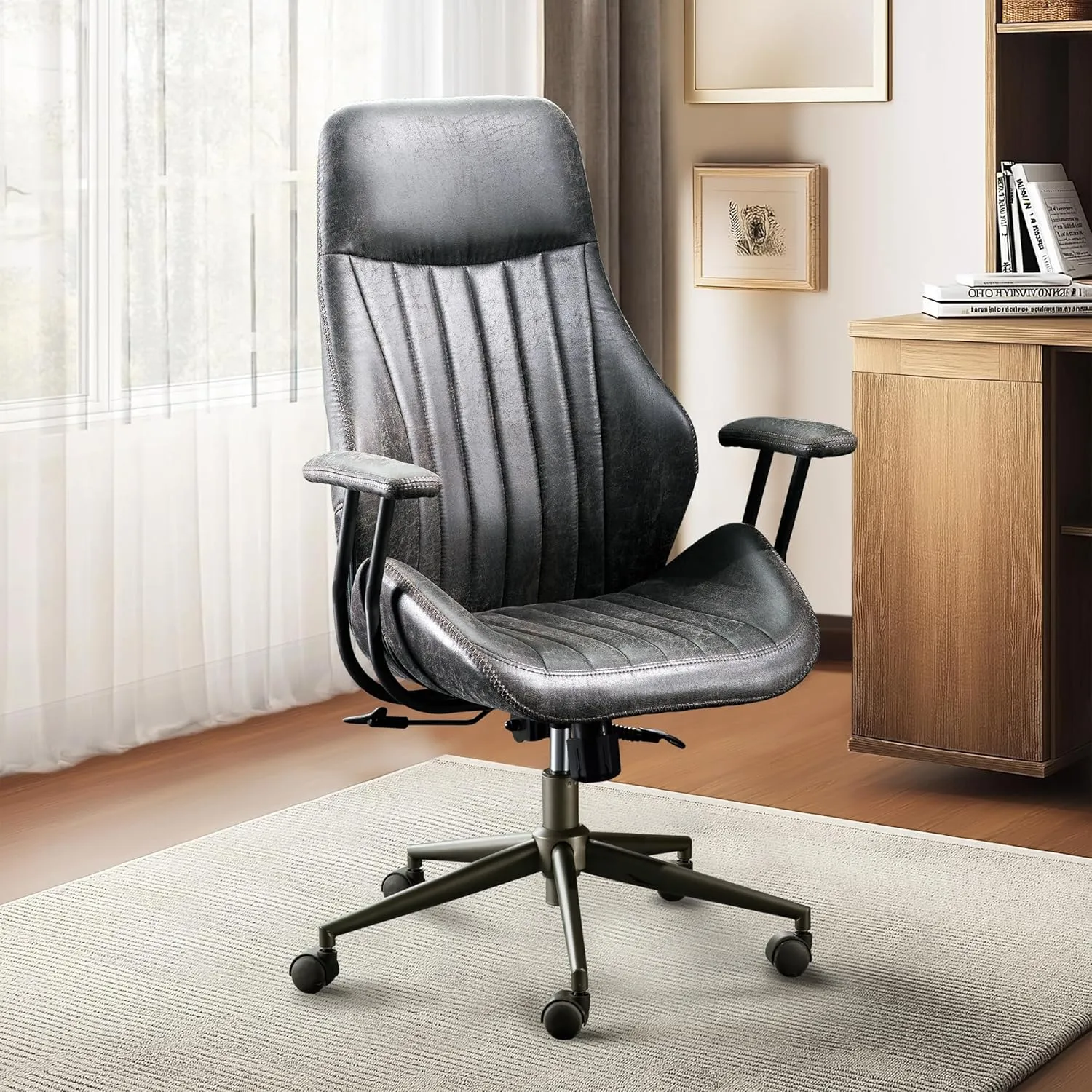 HOOOWOOO Faux Suede Leather Home Office Desk Chair,MCM Modern Ergonomic Task Work Chair,Computer Gaming Chair with Cushion Seat Lumbar Support Reclining High Back for Long Hours(Charcoal Grey)