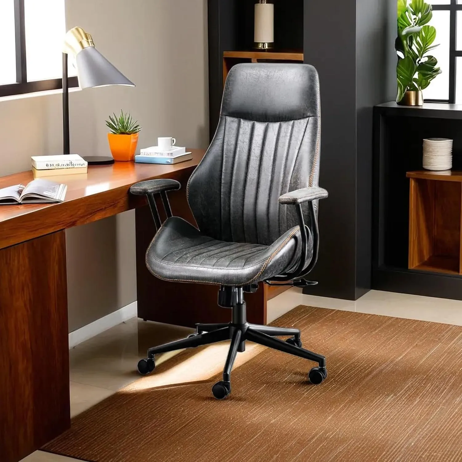 HOOOWOOO Faux Suede Leather Home Office Desk Chair,MCM Modern Ergonomic Task Work Chair,Computer Gaming Chair with Cushion Seat Lumbar Support Reclining High Back for Long Hours(Charcoal Grey)