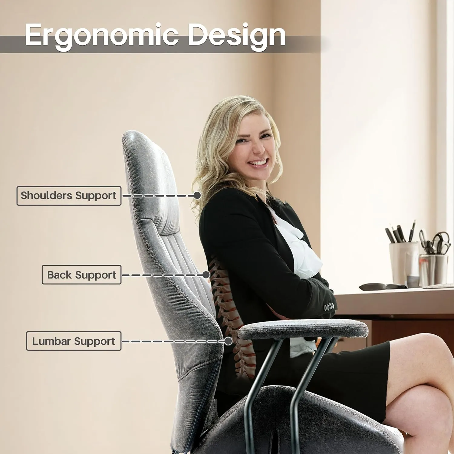 HOOOWOOO Faux Suede Leather Home Office Desk Chair,MCM Modern Ergonomic Task Work Chair,Computer Gaming Chair with Cushion Seat Lumbar Support Reclining High Back for Long Hours(Charcoal Grey)