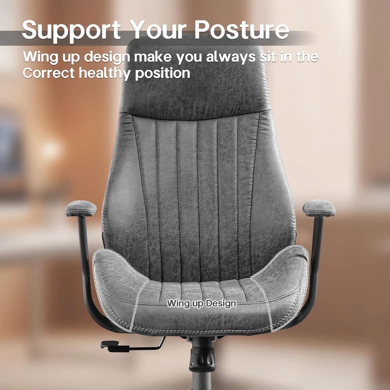 HOOOWOOO Faux Suede Leather Home Office Desk Chair,MCM Modern Ergonomic Task Work Chair,Computer Gaming Chair with Cushion Seat Lumbar Support Reclining High Back for Long Hours(Charcoal Grey)