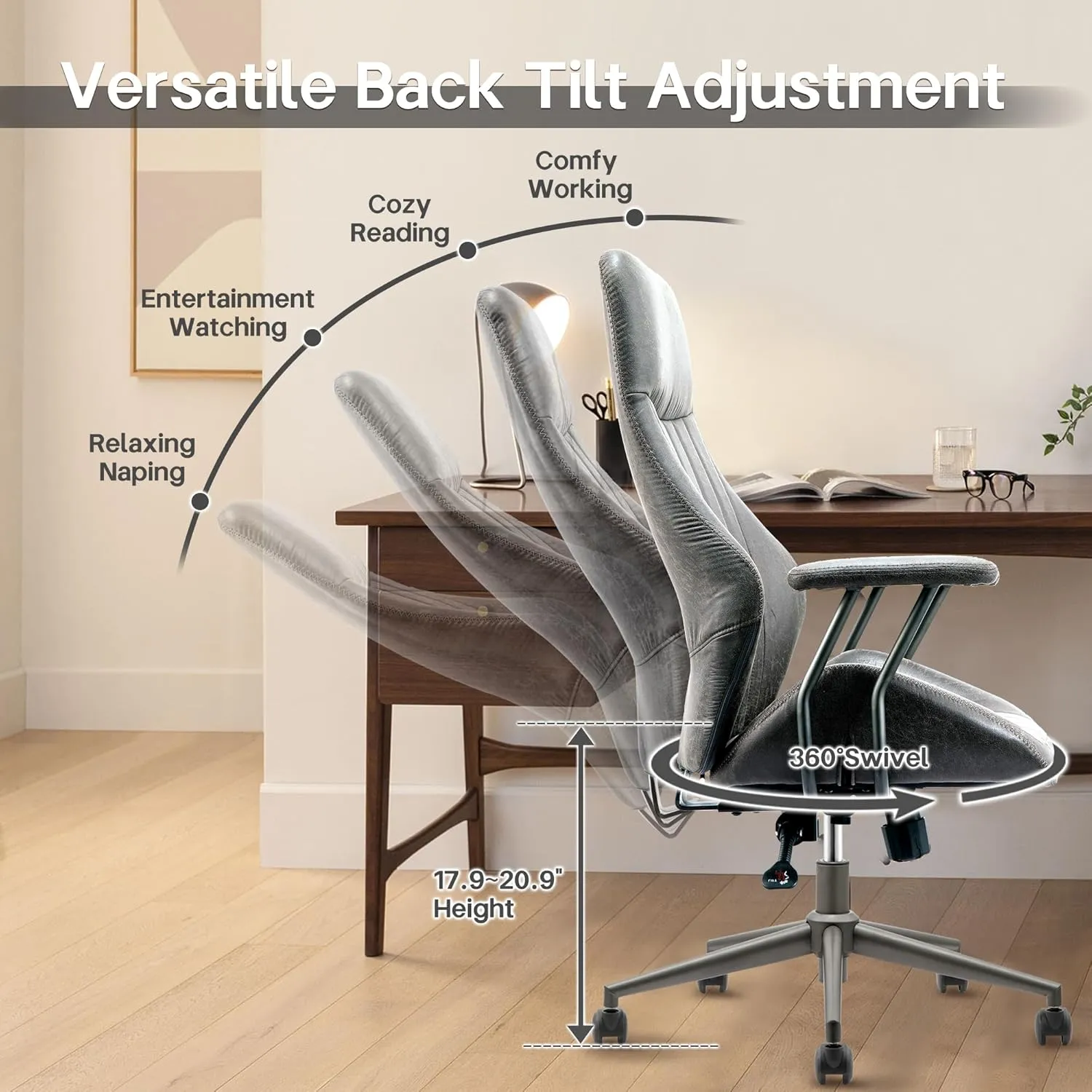 HOOOWOOO Faux Suede Leather Home Office Desk Chair,MCM Modern Ergonomic Task Work Chair,Computer Gaming Chair with Cushion Seat Lumbar Support Reclining High Back for Long Hours(Charcoal Grey)