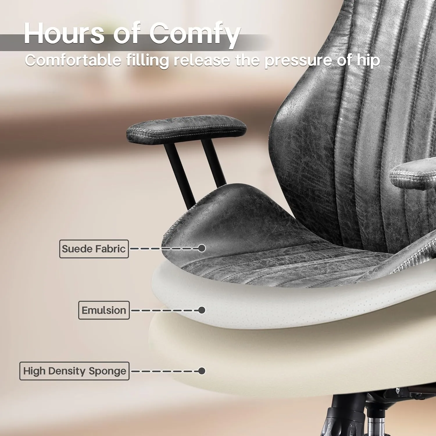 HOOOWOOO Faux Suede Leather Home Office Desk Chair,MCM Modern Ergonomic Task Work Chair,Computer Gaming Chair with Cushion Seat Lumbar Support Reclining High Back for Long Hours(Charcoal Grey)