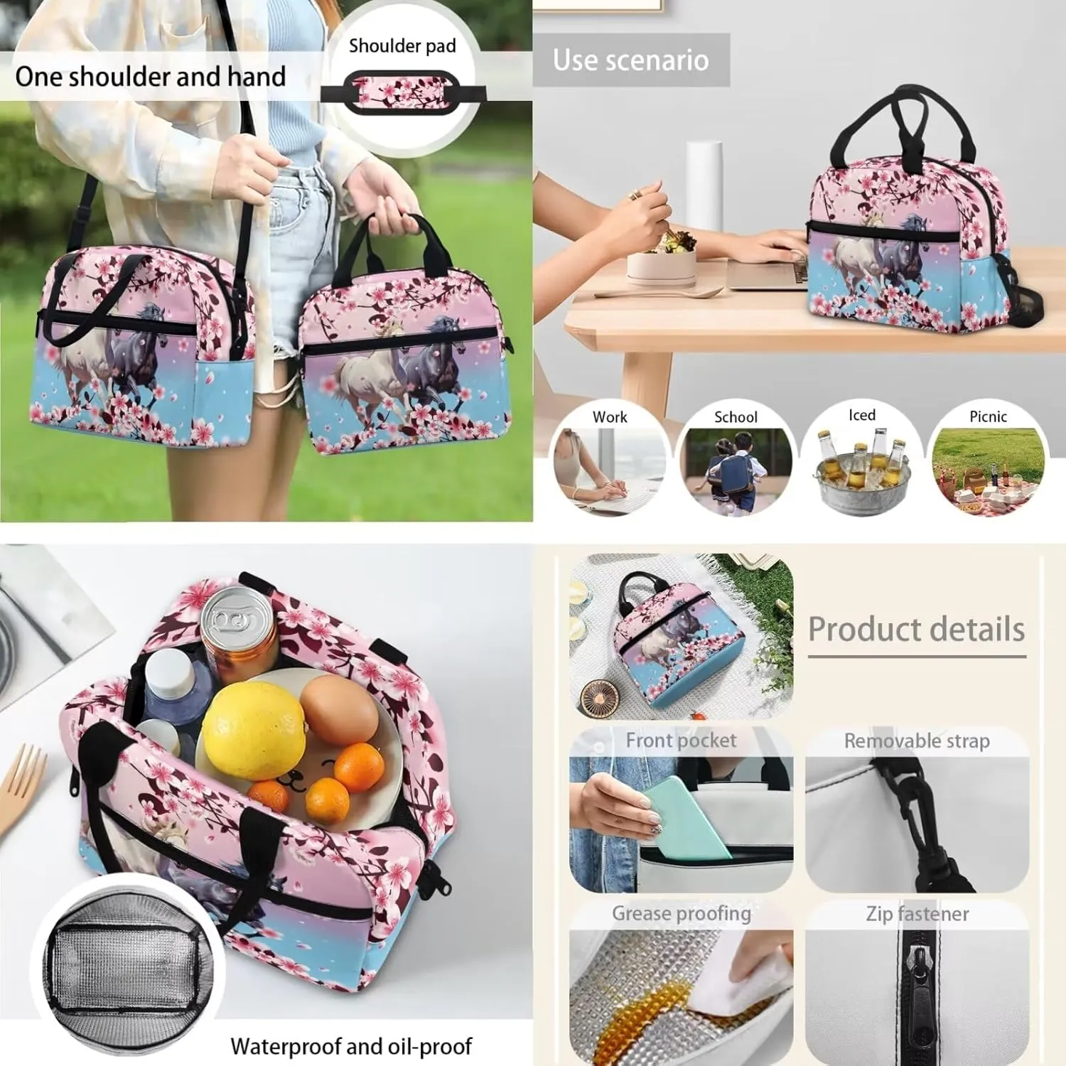 Horse Print 3 Piece Backpack Set for Girls 5td Grade Waterproof and Oil Proof Meal Bag Lunch Box 15 inch Portable School Bag for Middle School Junior Middle School
