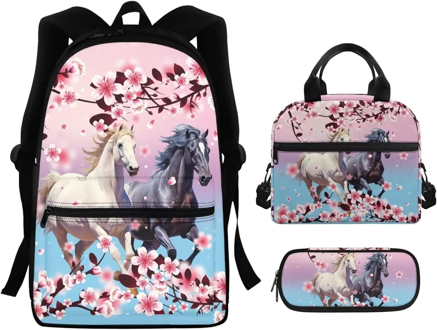Horse Print 3 Piece Backpack Set for Girls 5td Grade Waterproof and Oil Proof Meal Bag Lunch Box 15 inch Portable School Bag for Middle School Junior Middle School