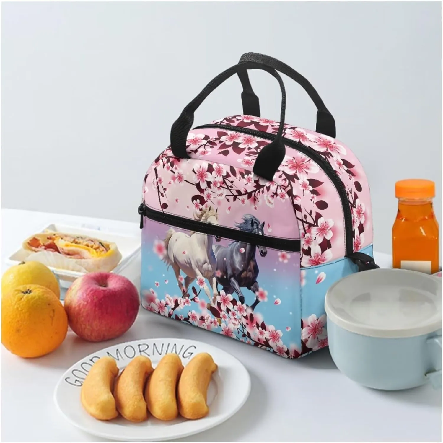 Horse Print 3 Piece Backpack Set for Girls 5td Grade Waterproof and Oil Proof Meal Bag Lunch Box 15 inch Portable School Bag for Middle School Junior Middle School