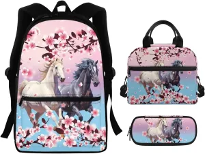 Horse Print 3 Piece Backpack Set for Girls 5td Grade Waterproof and Oil Proof Meal Bag Lunch Box 15 inch Portable School Bag for Middle School Junior Middle School