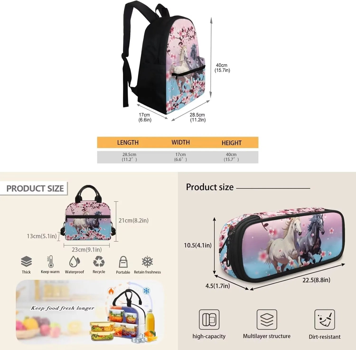 Horse Print 3 Piece Backpack Set for Girls 5td Grade Waterproof and Oil Proof Meal Bag Lunch Box 15 inch Portable School Bag for Middle School Junior Middle School