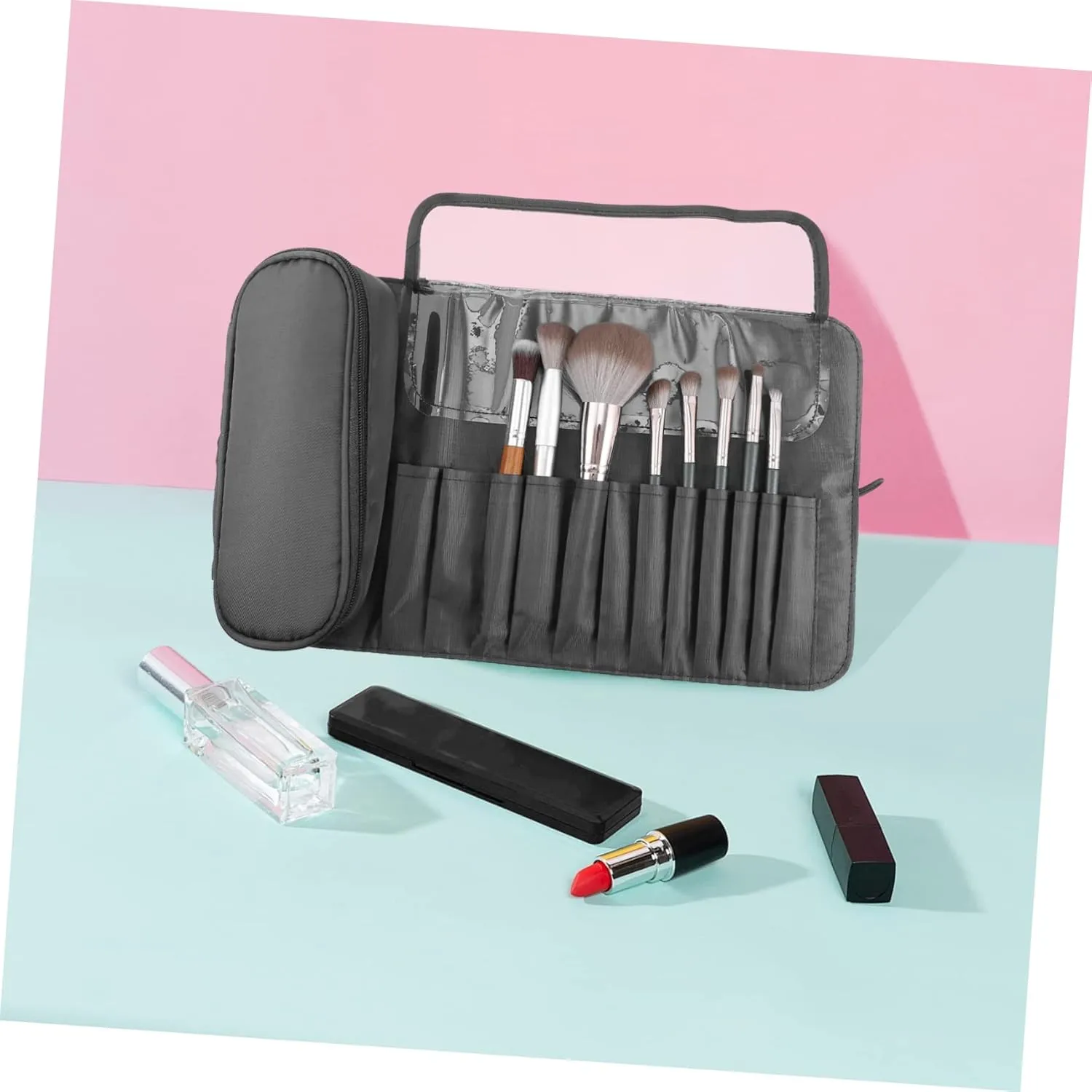 Housoutil Makeup Brush Rolling Bag Portable Case 8 Sections Cosmetics Bag Makeup Brush Holder for Travel