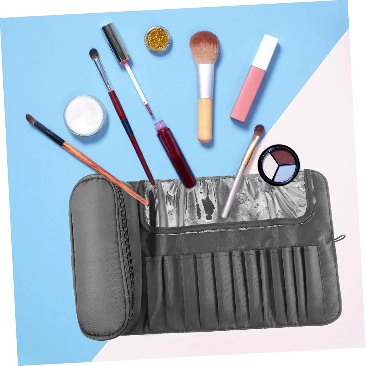 Housoutil Makeup Brush Rolling Bag Portable Case 8 Sections Cosmetics Bag Makeup Brush Holder for Travel