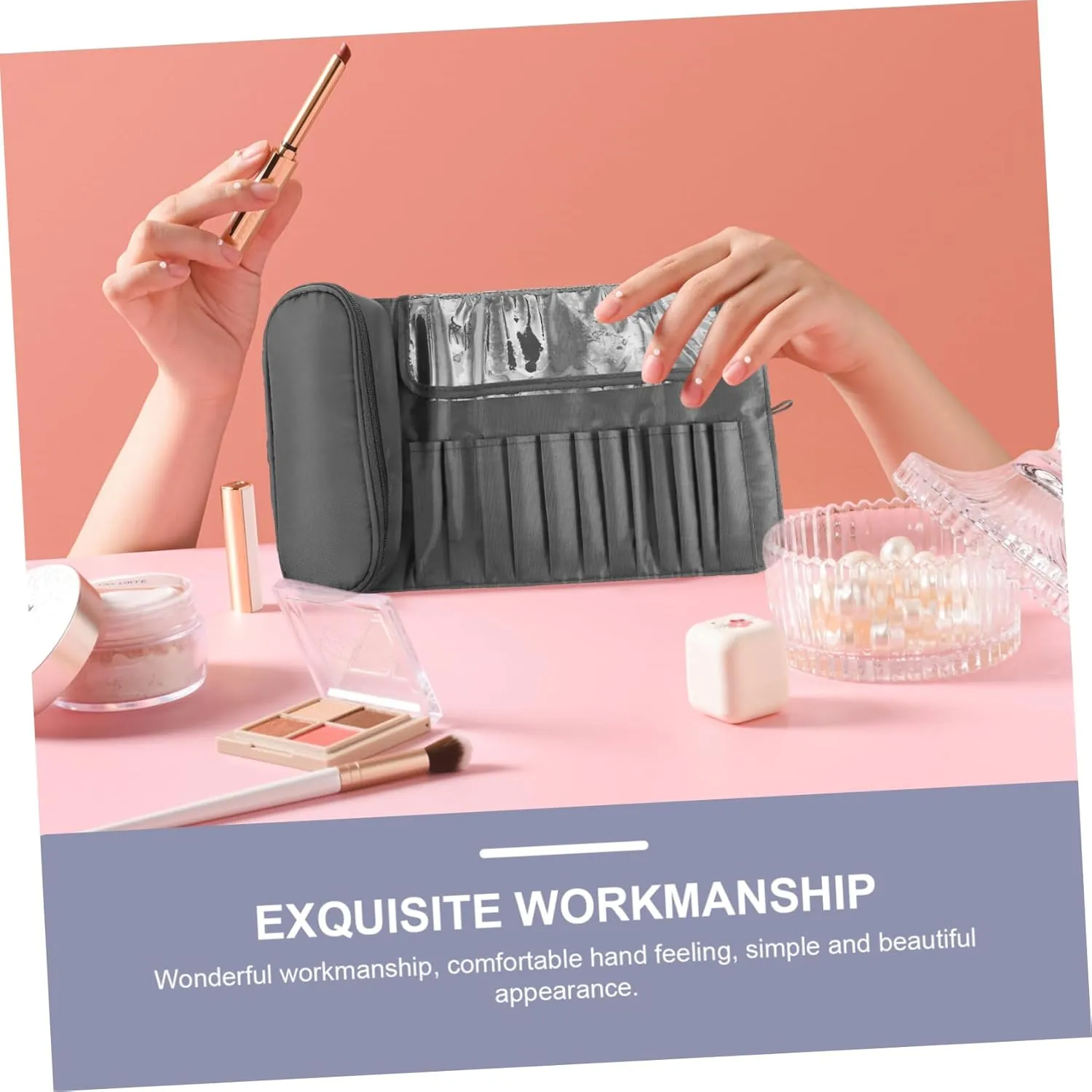 Housoutil Makeup Brush Rolling Bag Portable Case 8 Sections Cosmetics Bag Makeup Brush Holder for Travel