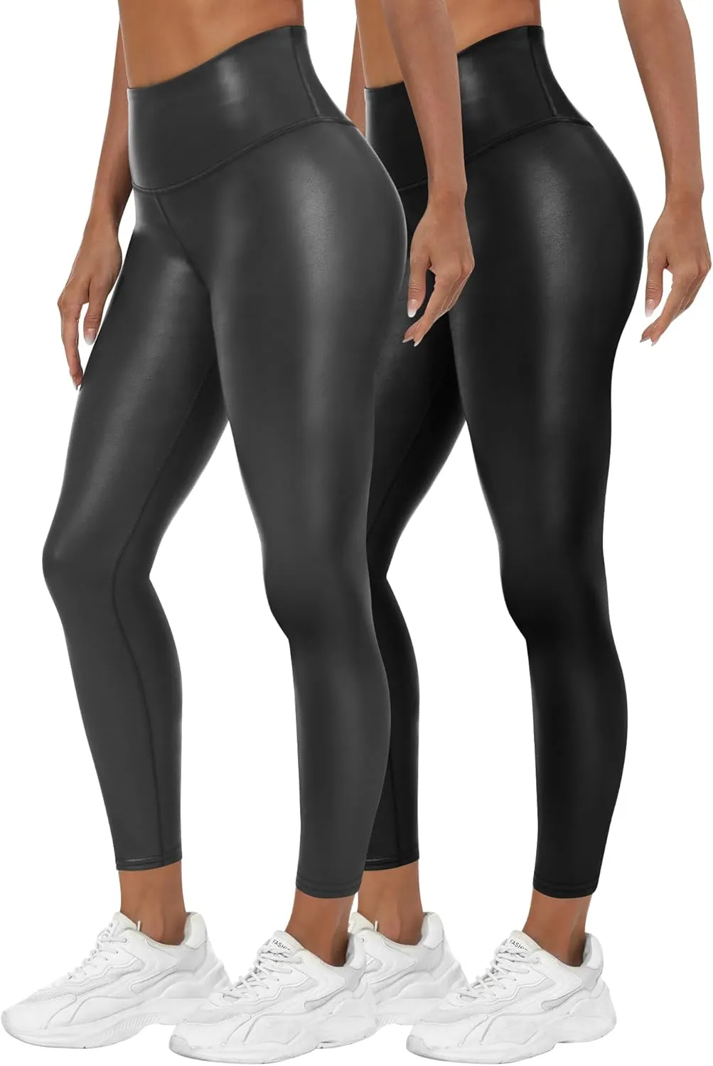 Huukeay 2 Pack Women's Faux Leather Leggings High Waist Stretch Matte Yoga Pants Athletic Dressy Pleather Soft Tights