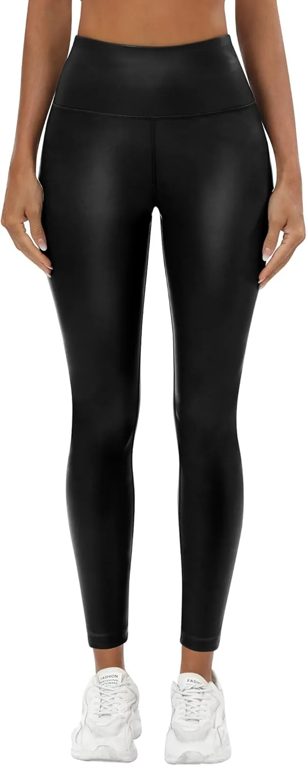 Huukeay 2 Pack Women's Faux Leather Leggings High Waist Stretch Matte Yoga Pants Athletic Dressy Pleather Soft Tights