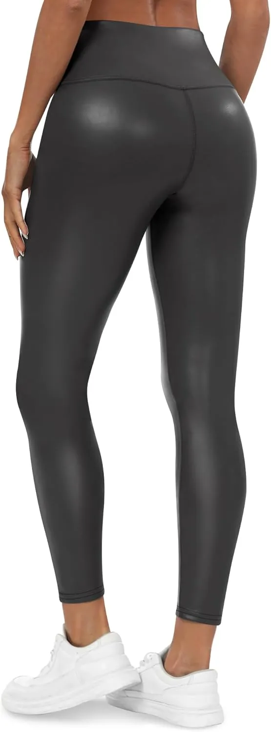 Huukeay 2 Pack Women's Faux Leather Leggings High Waist Stretch Matte Yoga Pants Athletic Dressy Pleather Soft Tights