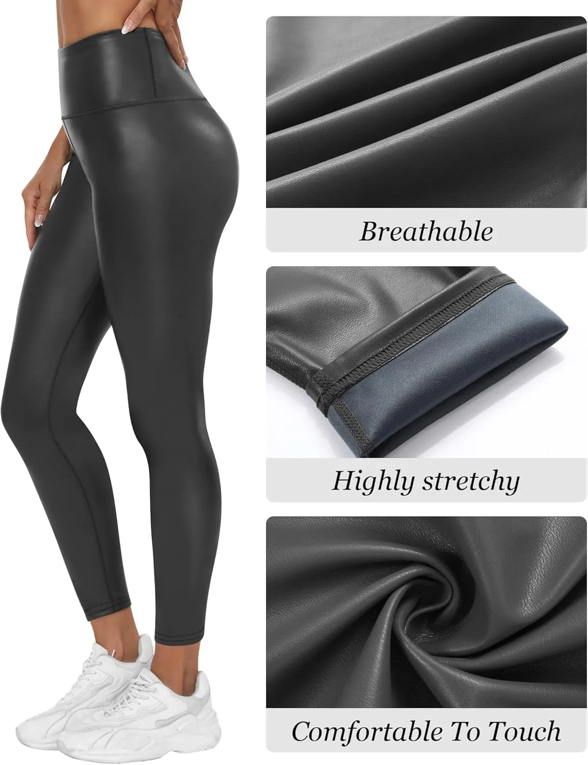 Huukeay 2 Pack Women's Faux Leather Leggings High Waist Stretch Matte Yoga Pants Athletic Dressy Pleather Soft Tights