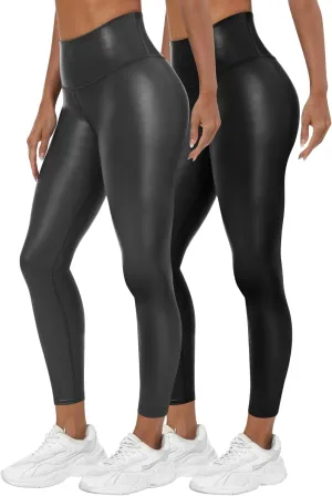 Huukeay 2 Pack Women's Faux Leather Leggings High Waist Stretch Matte Yoga Pants Athletic Dressy Pleather Soft Tights