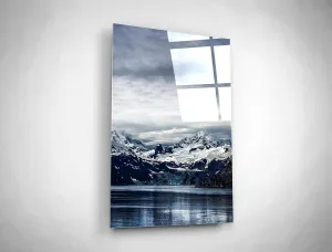 Icy Nordic Lake Painting Snowy Mountain Range Wall Art Nature Lover Gift Glass Canvas Print Ski Lodge Decor Scandinavian Cottage Decoration