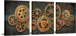 iHAPPYWALL 3 Pieces Abstract Gear Wheel Canvas Wall Art Industrial Steampunk Mechanical Picture Teamwork Gift for Bedroom Home Office Cafe Bar Decor Ready to Hang 16x12inchx3pcs