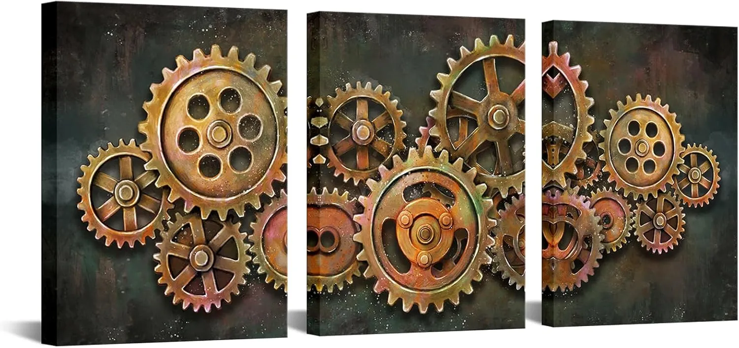 iHAPPYWALL 3 Pieces Abstract Gear Wheel Canvas Wall Art Industrial Steampunk Mechanical Picture Teamwork Gift for Bedroom Home Office Cafe Bar Decor Ready to Hang 16x12inchx3pcs