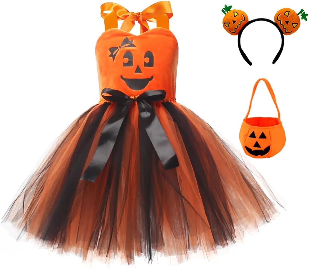 IMEKIS Toddler Kids Girls Halloween Pumpkin Costume Dress with Trick or Treat Bag Headband 3PCS Set Outfit Photo Shoot