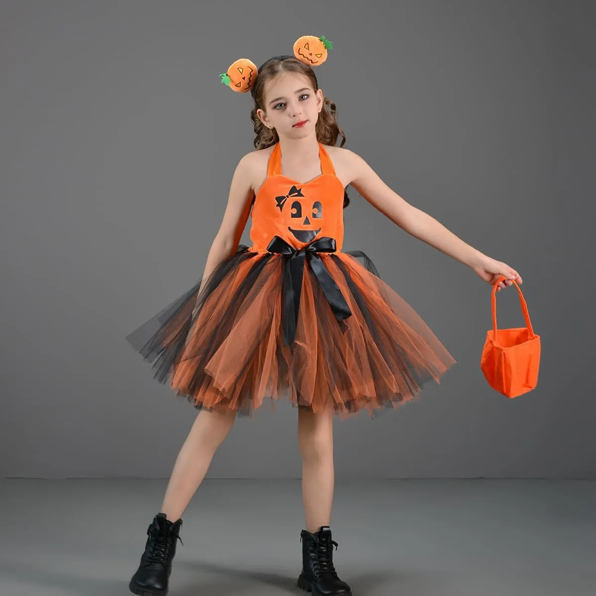IMEKIS Toddler Kids Girls Halloween Pumpkin Costume Dress with Trick or Treat Bag Headband 3PCS Set Outfit Photo Shoot
