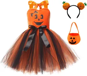 IMEKIS Toddler Kids Girls Halloween Pumpkin Costume Dress with Trick or Treat Bag Headband 3PCS Set Outfit Photo Shoot