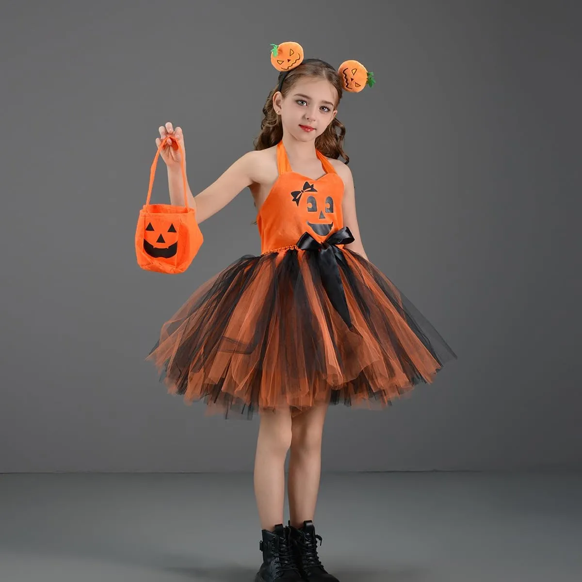 IMEKIS Toddler Kids Girls Halloween Pumpkin Costume Dress with Trick or Treat Bag Headband 3PCS Set Outfit Photo Shoot
