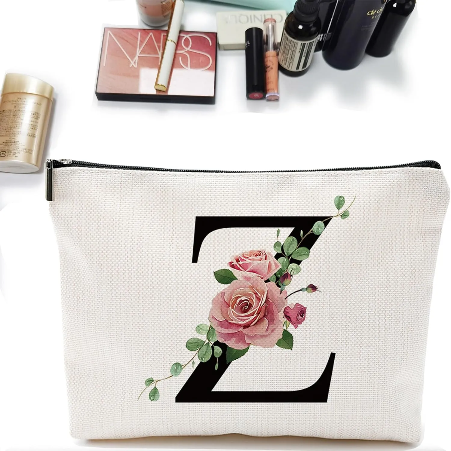Initial A-Z Personalized Makeup Bag, Monogrammed Bridesmaid Gift Cosmetic Bag, Presents Portable Stationary Storage Organizer, Friendship Travel Makeup Bags