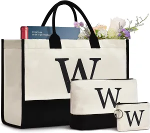 Initial Canvas Tote Bag Birthdays Gift for Women Mom Teacher Friend Bridesmaid,Custom for Wedding Beach Holidays