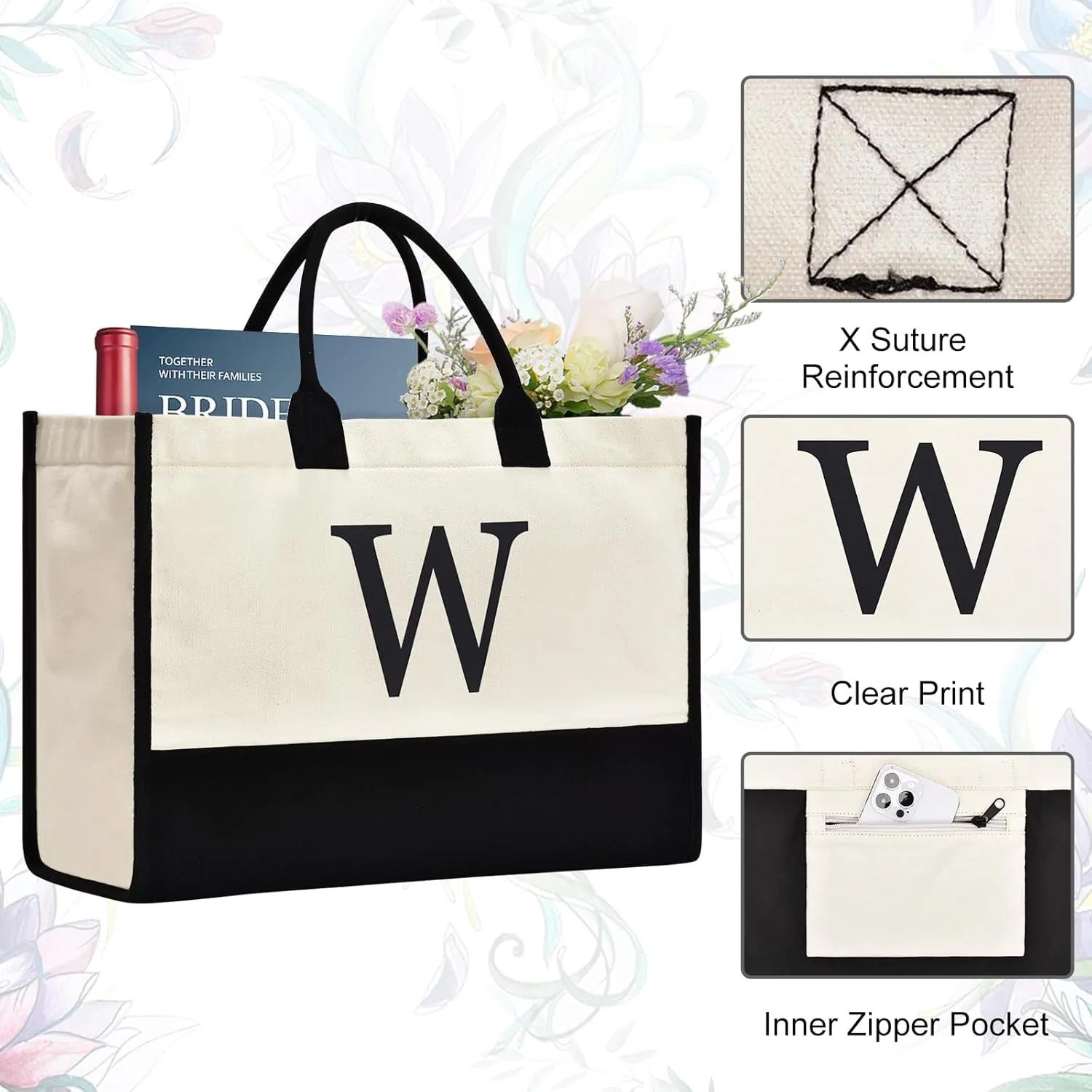 Initial Canvas Tote Bag Birthdays Gift for Women Mom Teacher Friend Bridesmaid,Custom for Wedding Beach Holidays
