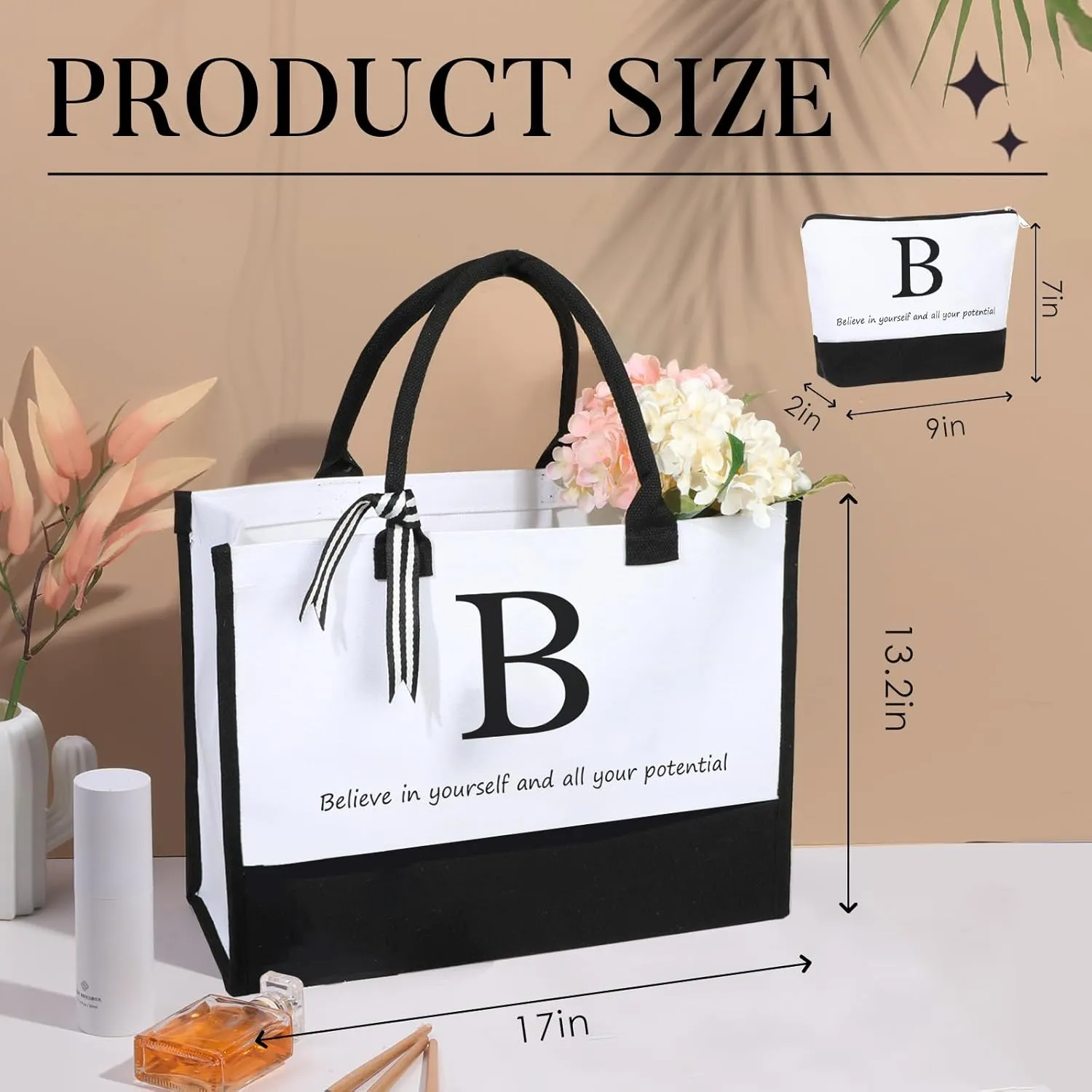 Initial Canvas Tote Bag Christmas Personalized Gifts For Women Monogrammed Tote Bag with Makeup Bag