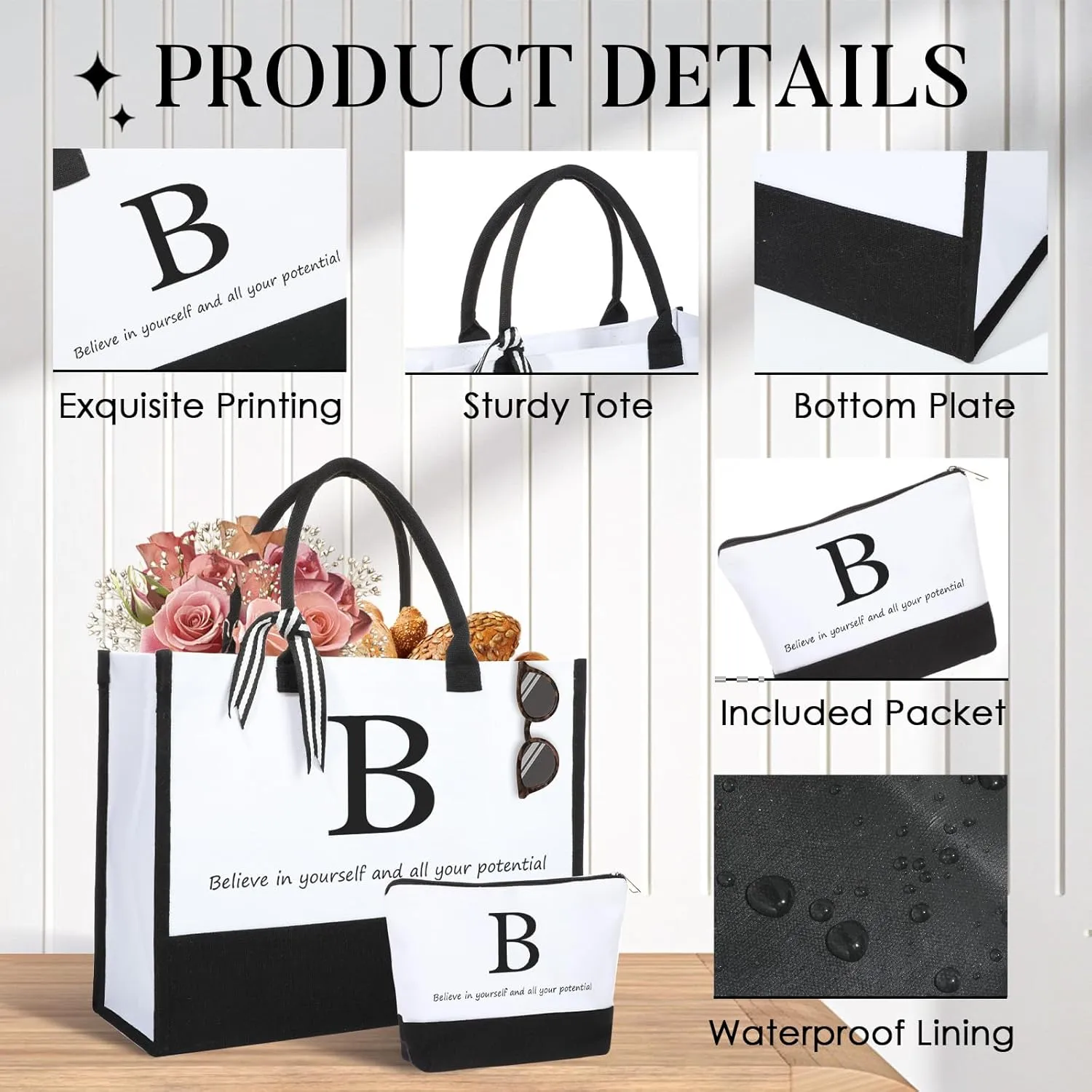 Initial Canvas Tote Bag Christmas Personalized Gifts For Women Monogrammed Tote Bag with Makeup Bag