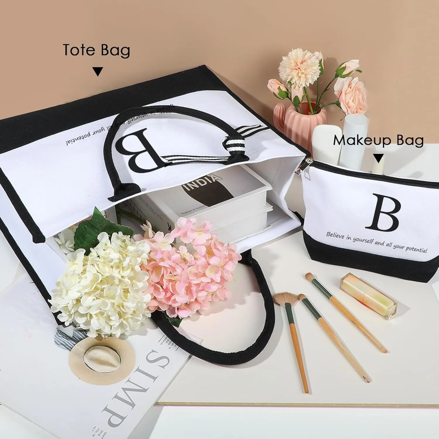 Initial Canvas Tote Bag Christmas Personalized Gifts For Women Monogrammed Tote Bag with Makeup Bag