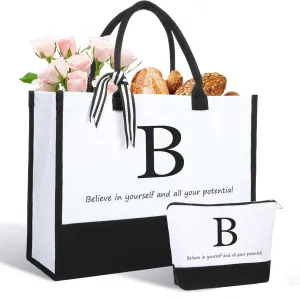 Initial Canvas Tote Bag Christmas Personalized Gifts For Women Monogrammed Tote Bag with Makeup Bag