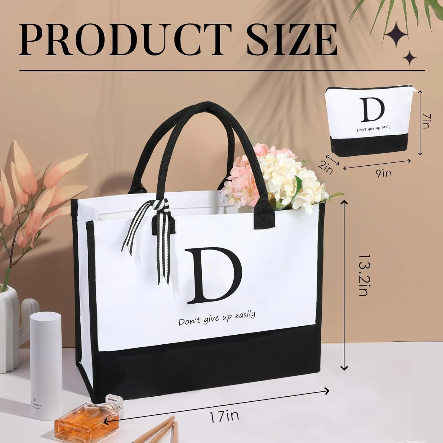Initial Canvas Tote Bag Christmas Personalized Gifts For Women Monogrammed Tote Bag with Makeup Bag