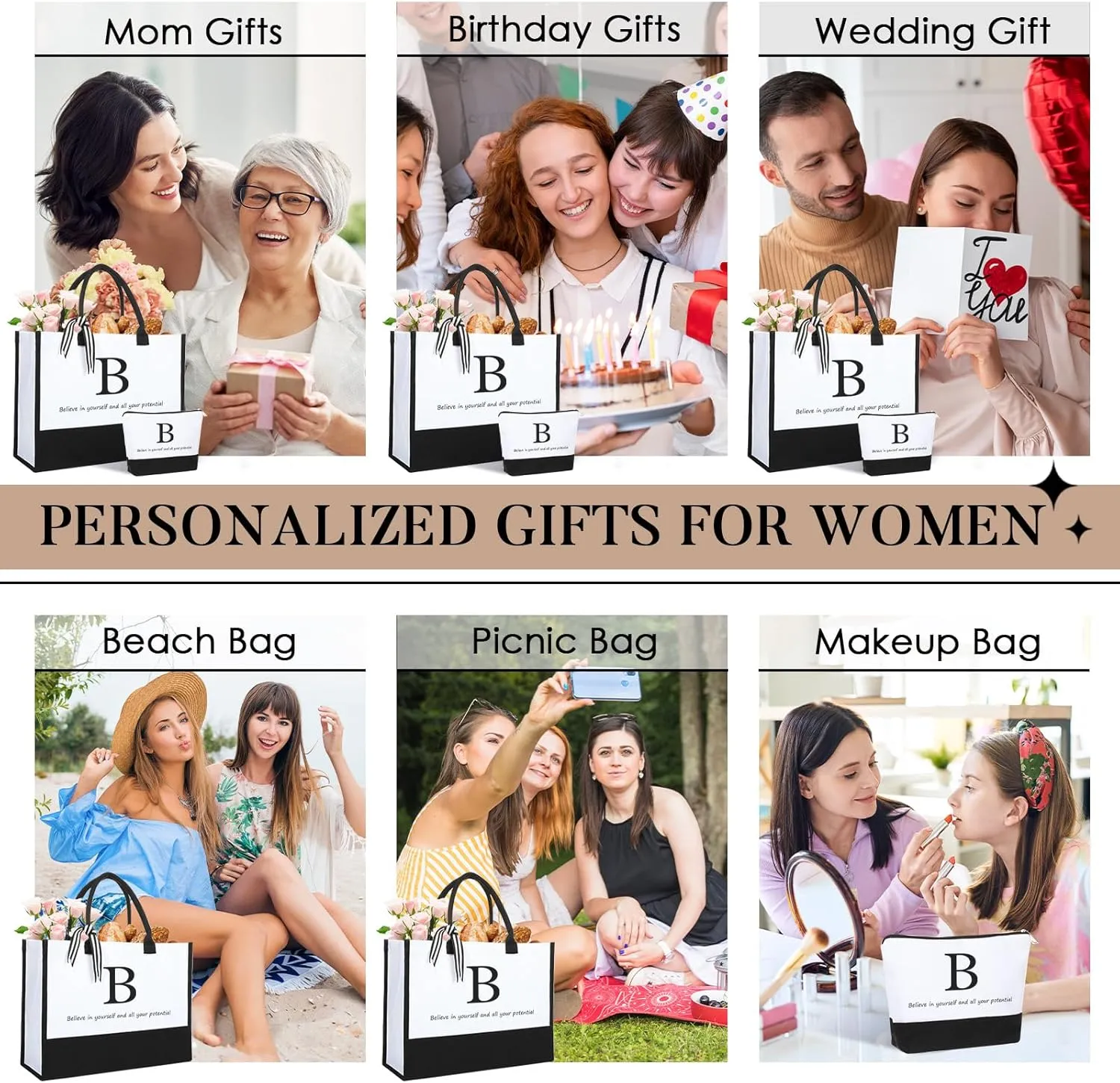 Initial Canvas Tote Bag Christmas Personalized Gifts For Women Monogrammed Tote Bag with Makeup Bag