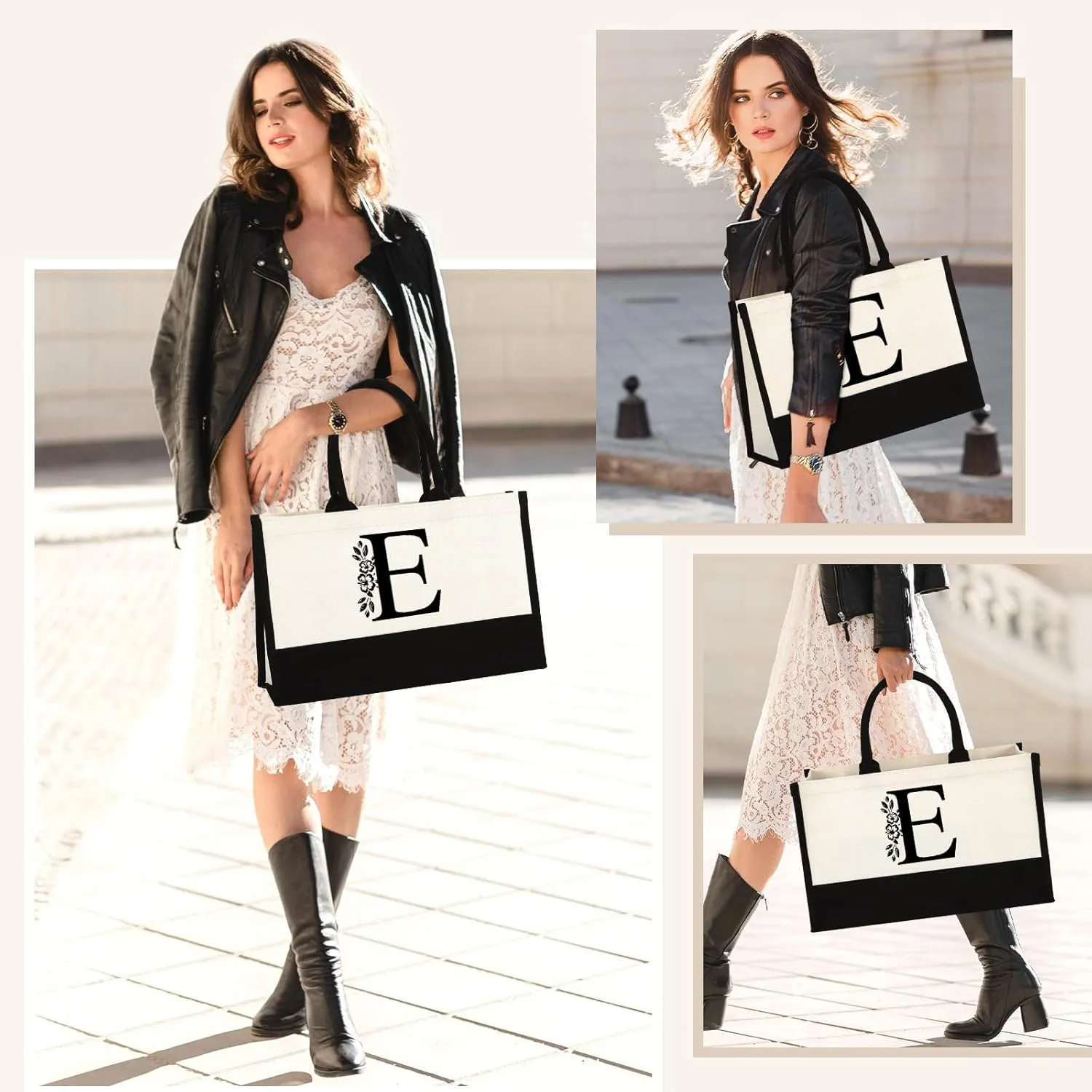 Initial Canvas Tote Bag, Personalized Birthday Gifts for Women Sister Mom Friend Teacher Bridesmaid, Monogrammed Women Tote Bag for Wedding Birthday Beach Holiday