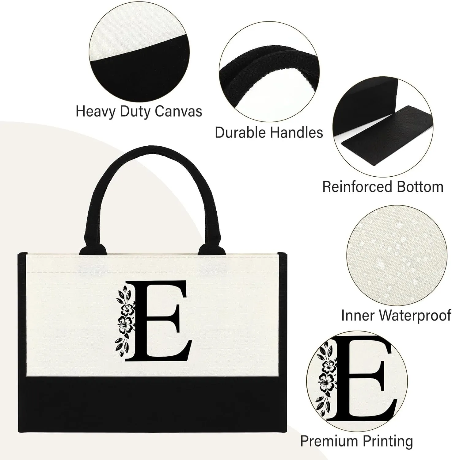 Initial Canvas Tote Bag, Personalized Birthday Gifts for Women Sister Mom Friend Teacher Bridesmaid, Monogrammed Women Tote Bag for Wedding Birthday Beach Holiday