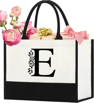 Initial Canvas Tote Bag, Personalized Birthday Gifts for Women Sister Mom Friend Teacher Bridesmaid, Monogrammed Women Tote Bag for Wedding Birthday Beach Holiday