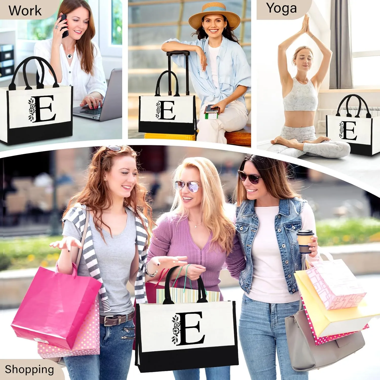 Initial Canvas Tote Bag, Personalized Birthday Gifts for Women Sister Mom Friend Teacher Bridesmaid, Monogrammed Women Tote Bag for Wedding Birthday Beach Holiday