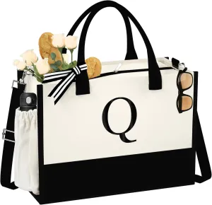 Initial Canvas Tote Bag - Reusable Grocery Bags, Birthday Gifts Basket for Bridemaids Friends Teachers