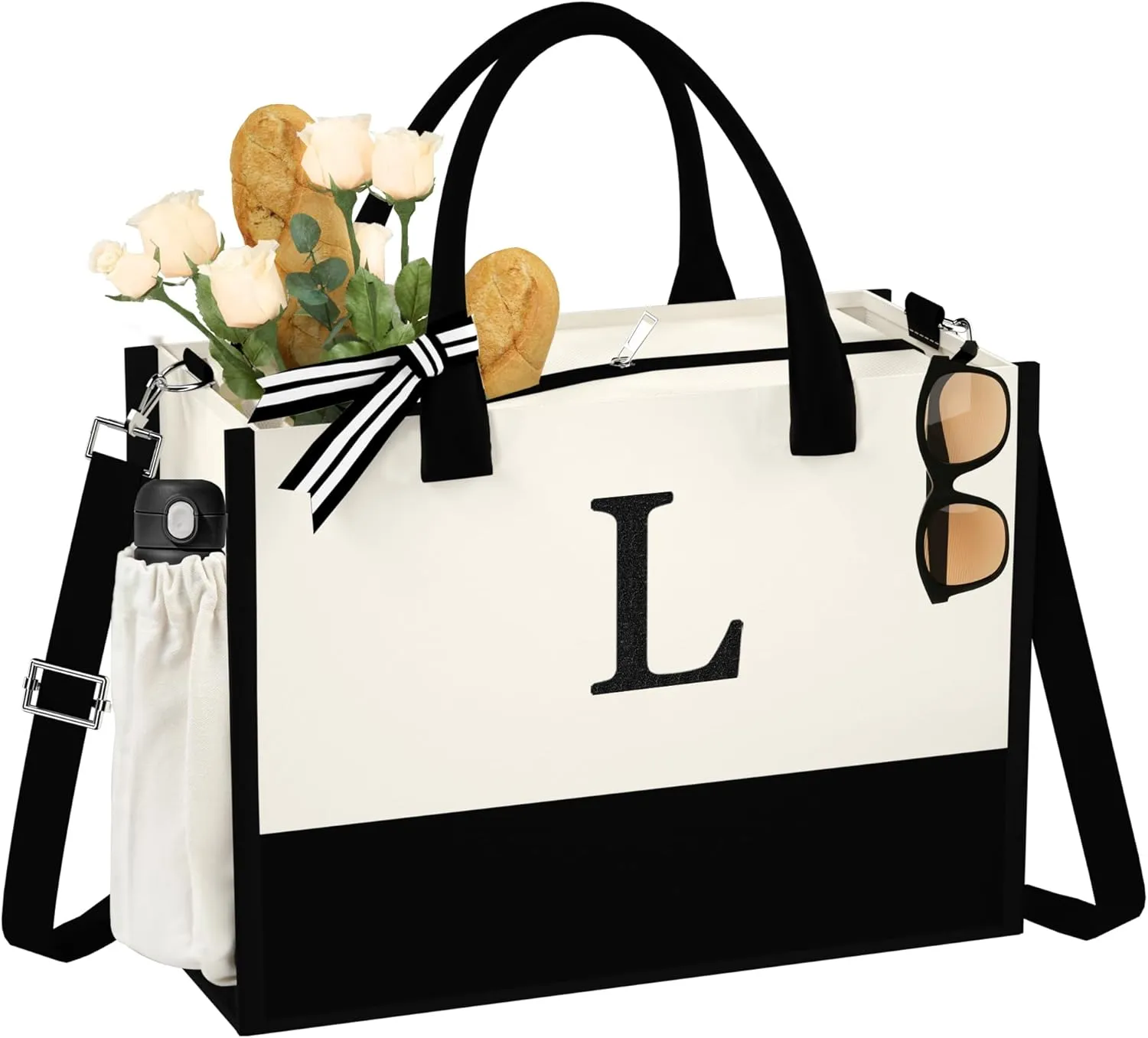 Initial Canvas Tote Bag - Reusable Grocery Bags, Birthday Gifts Basket for Bridemaids Friends Teachers